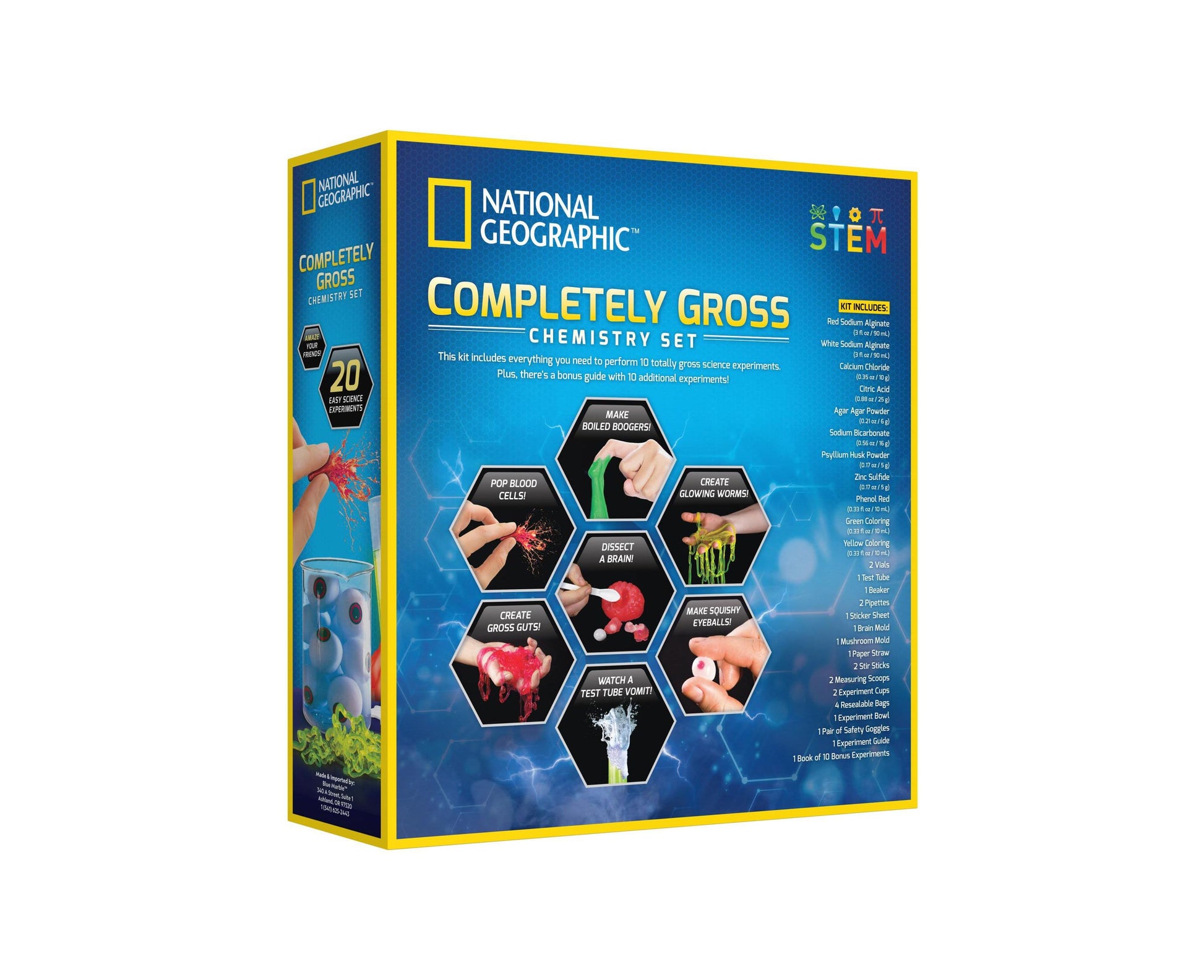 National Geographic Completely Gross Chemistry Set with blue box featuring 20 experiments and colorful hexagon activi...
