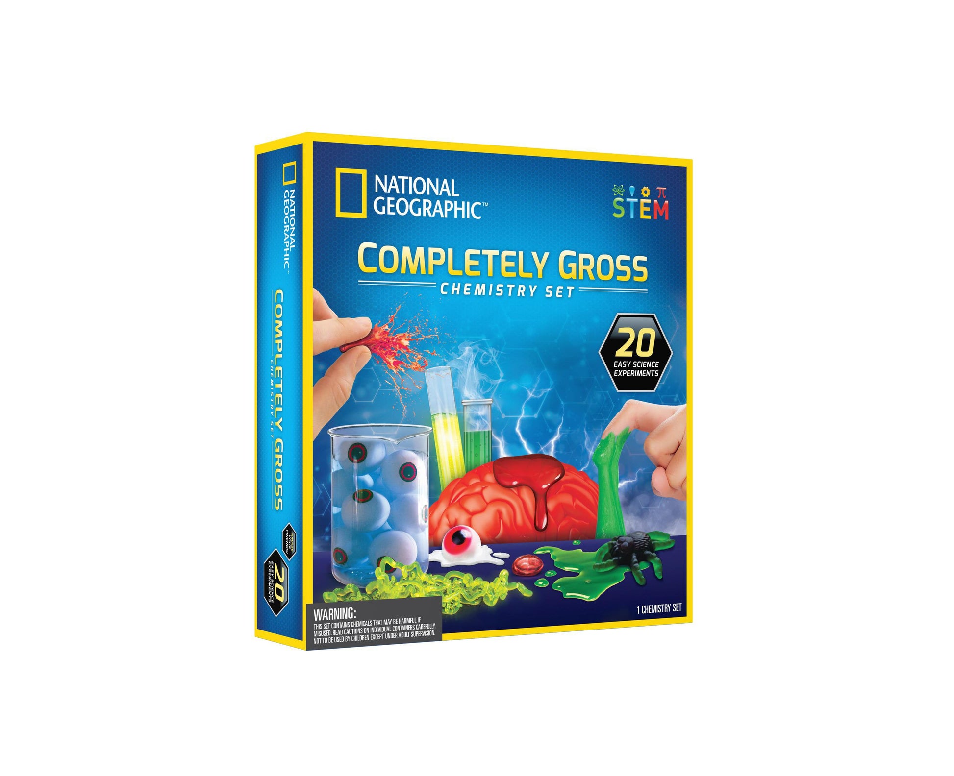 National Geographic Completely Gross Chemistry Set with 20 experiments, featuring brain and colorful chemical reactions