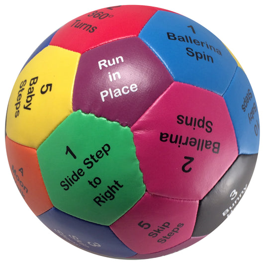 Colorful spherical ball with numbered panels in red, blue, yellow, green, pink, orange, and gray, each labeled with different action instructions like 'Run in P