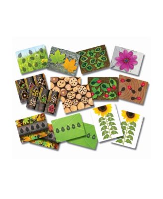 16 illustrated cards with nature and number themes including ladybugs, flowers, leaves, and counting patterns on colorful backgrounds