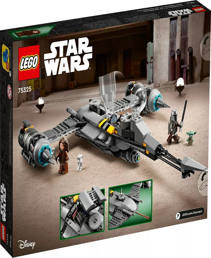 LEGO Star Wars N-1 Starfighter 75325 building set with gray and black starship, minifigures, and accessories