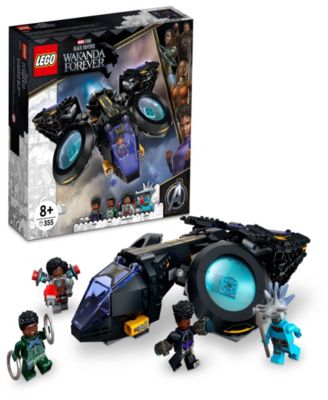 LEGO Marvel Super Heroes Shuri's Sunbird building set with black and blue spacecraft, minifigures, and packaging box displayed