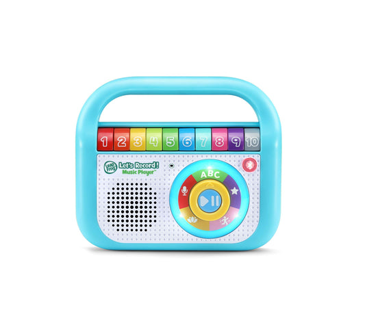 LeapFrog Let's Record Music Player with bright blue handle, colorful numbered keys 1-10, speaker grille, and rainbow dial control with ABC and music symbols on