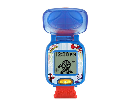 VTech Spidey Learning Watch in blue and red with digital display showing time and Spidey character game