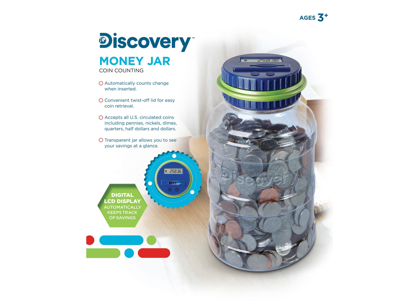 Discovery Kids Coin-Counting Money Jar - Digital LCD Display - Blue/Green