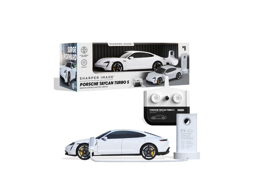 Sharper Image Porsche Taycan Turbo S white remote control electric car with charging station