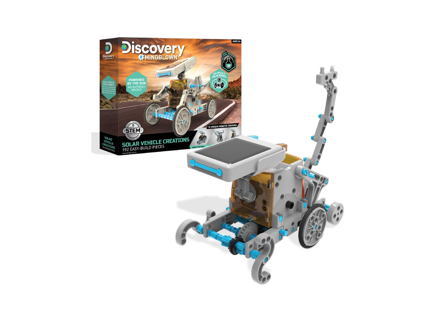Discovery #MINDBLOWN Solar Vehicle Creation Kit with 192 easy-build pieces, including assembled solar-powered rover with articulated arm and solar panel display