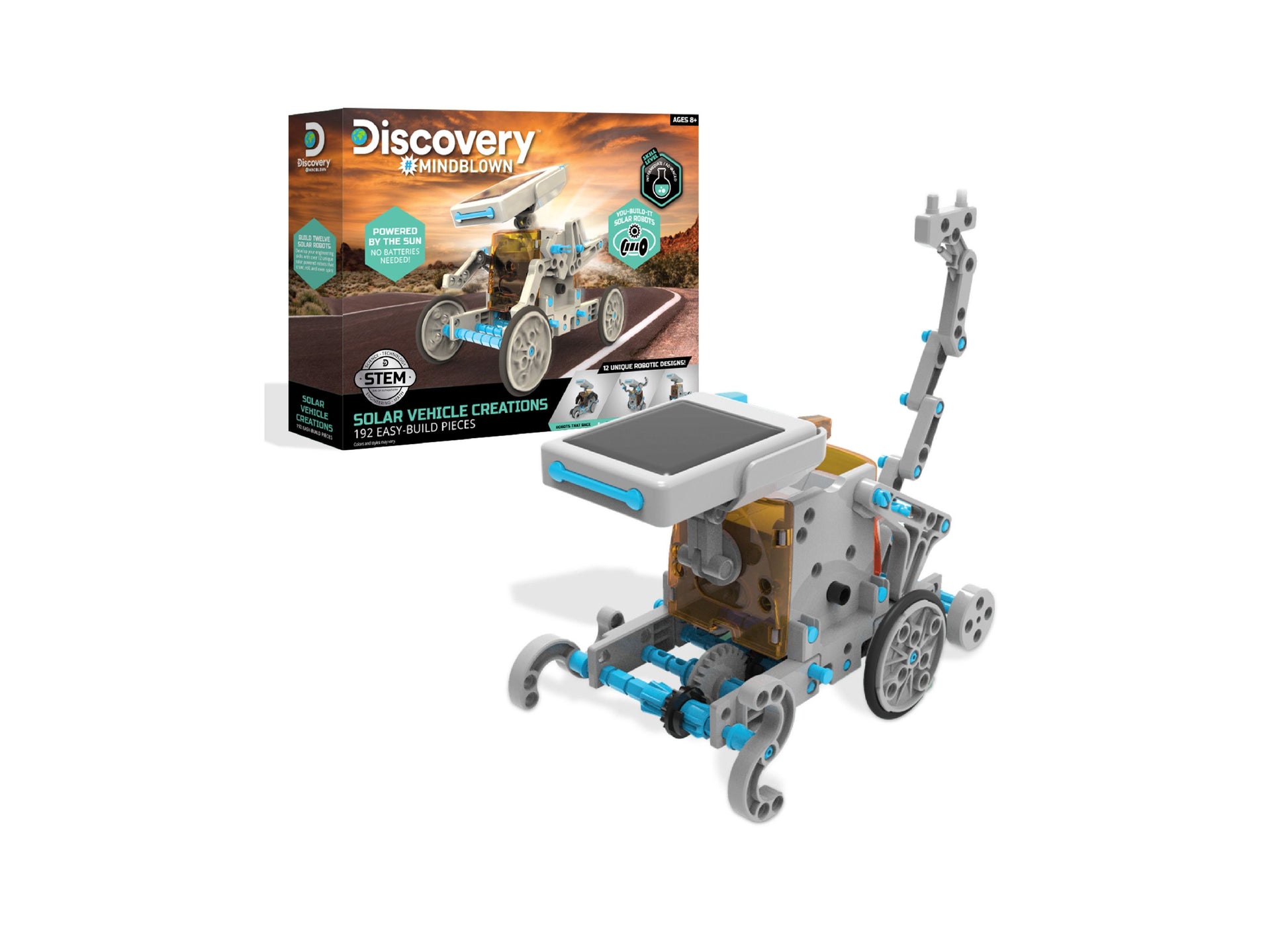 Discovery #MINDBLOWN Solar Vehicle Creation Kit with 192 easy-build pieces, including assembled solar-powered rover with articulated arm and solar panel display