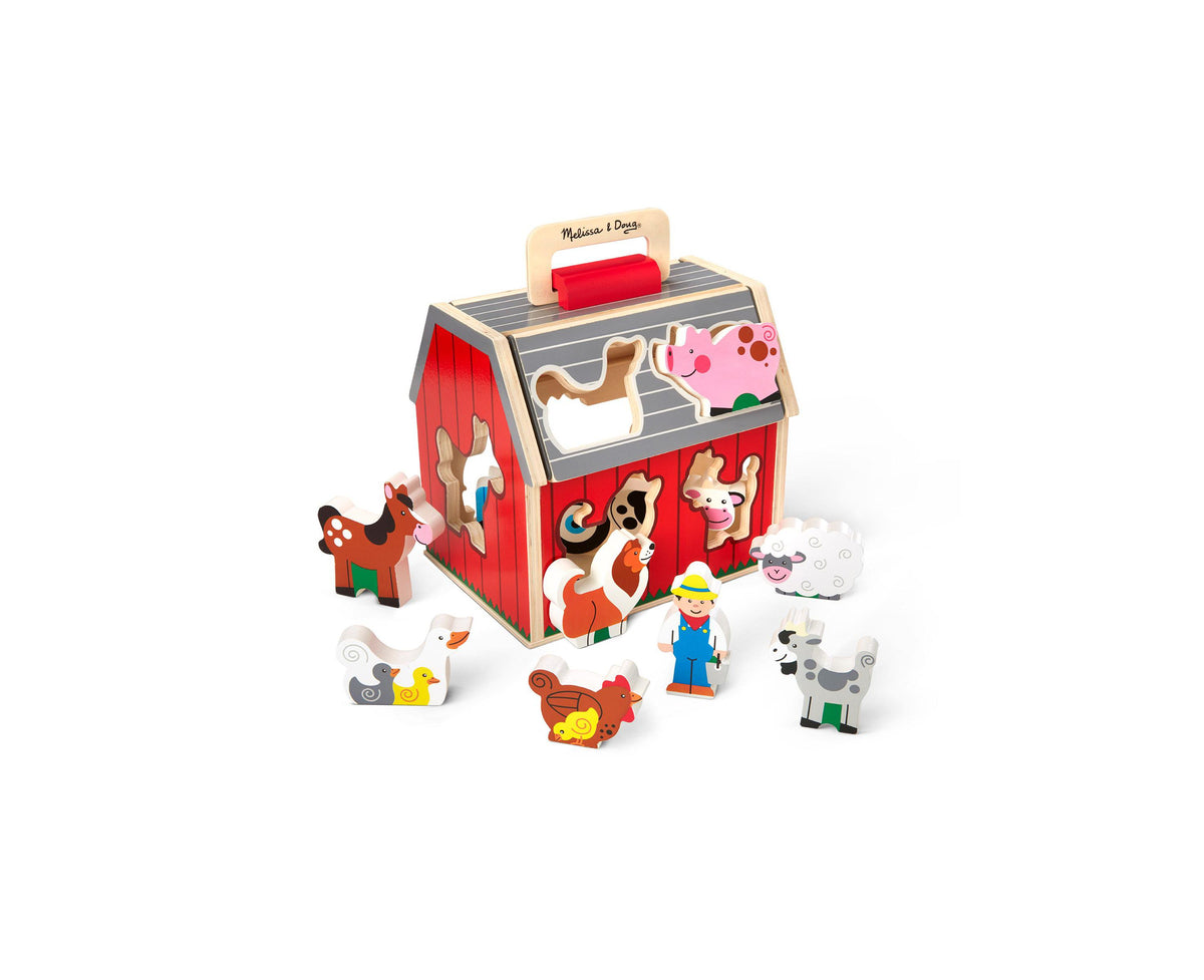 Melissa & Doug Take-Along Sorting Barn red farm playset with 10 wooden pieces including animals, farmer, and tractor