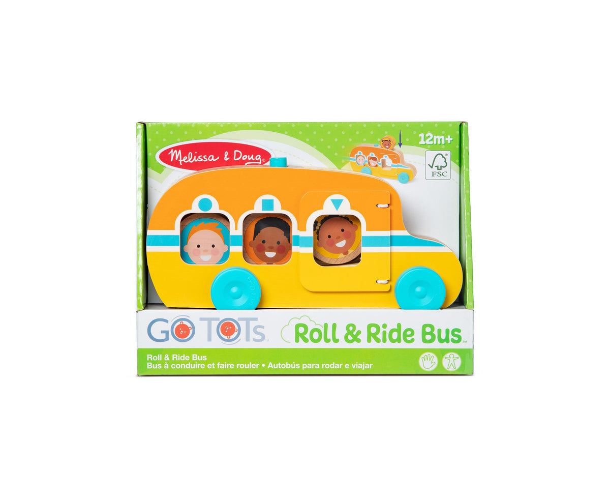Melissa & Doug Go Tots Roll & Ride Bus toy with yellow and orange bus body, three character disks visible in windows,...