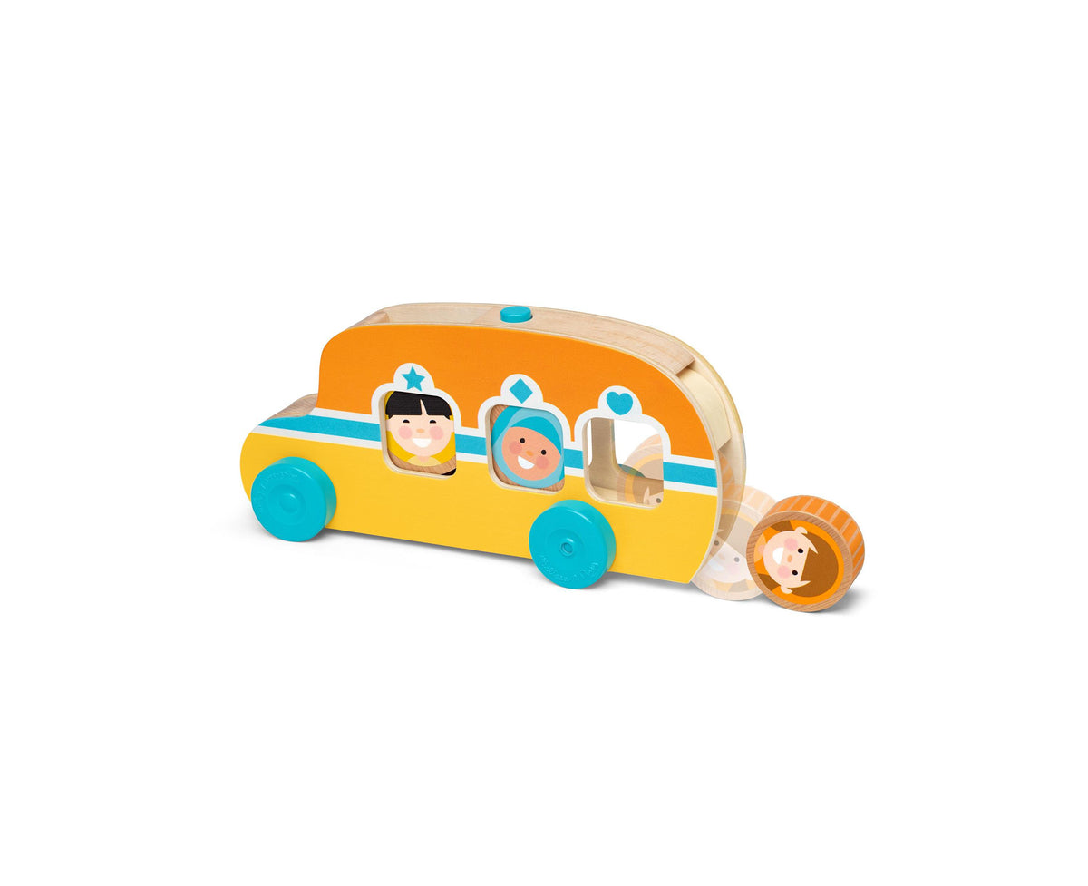 Melissa & Doug Go Tots Wooden Roll & Ride Bus with yellow body, orange roof, turquoise wheels, and three character disks