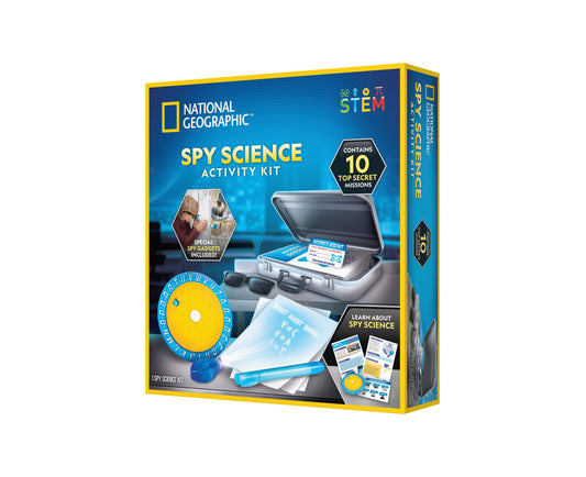 National Geographic Spy Science Activity Kit box featuring yellow border, blue front panel with spy gadgets including a briefcase, cipher wheel, sunglasses, and