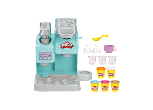 Play-Doh Kitchen Creations Colorful Cafe Playset in turquoise with coffee maker, cups, and five colorful Play-Doh cans