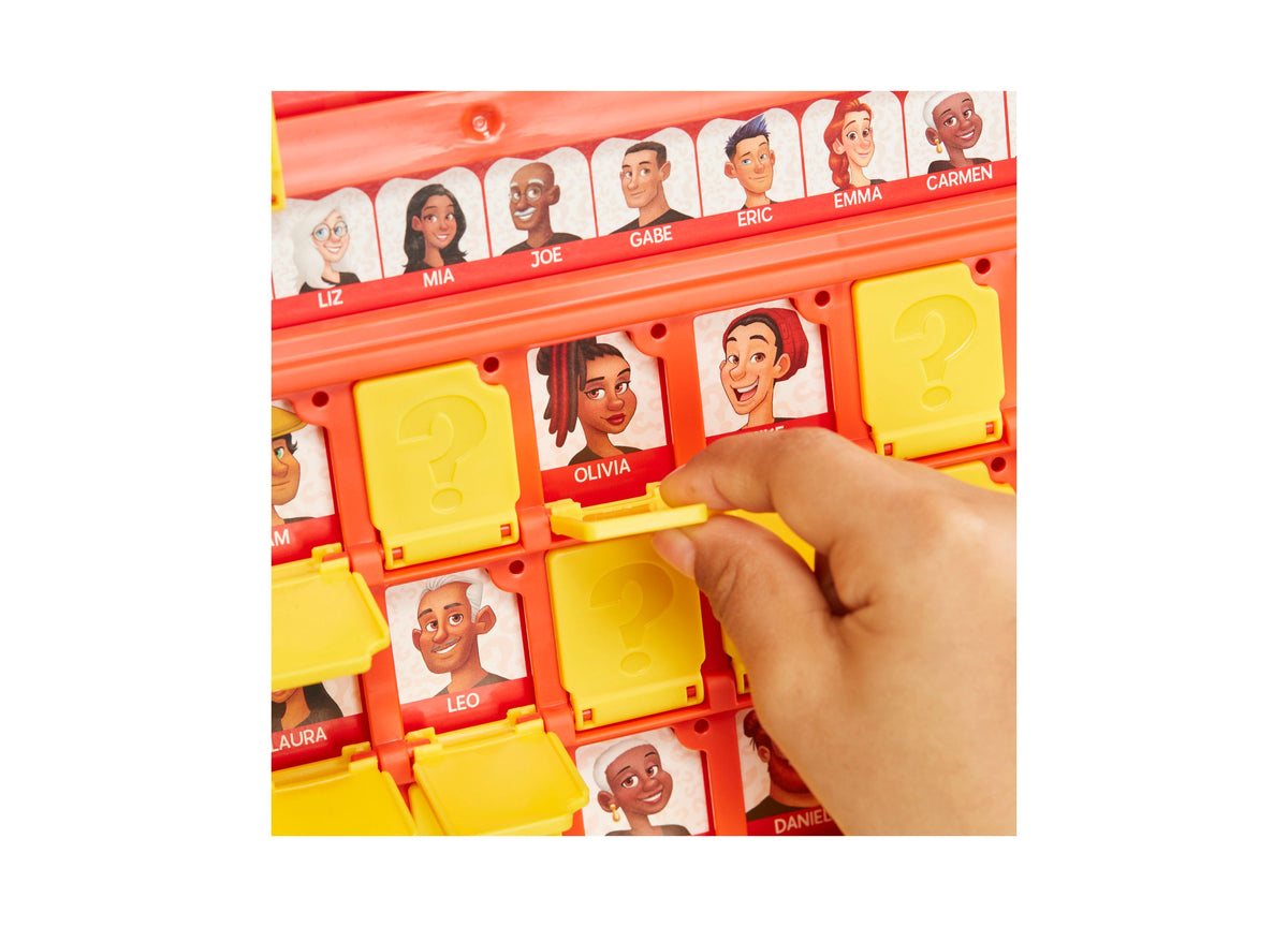 Hasbro Guess Who Classic Character Guessing Game with red frame, yellow flip cards, and character portraits including...