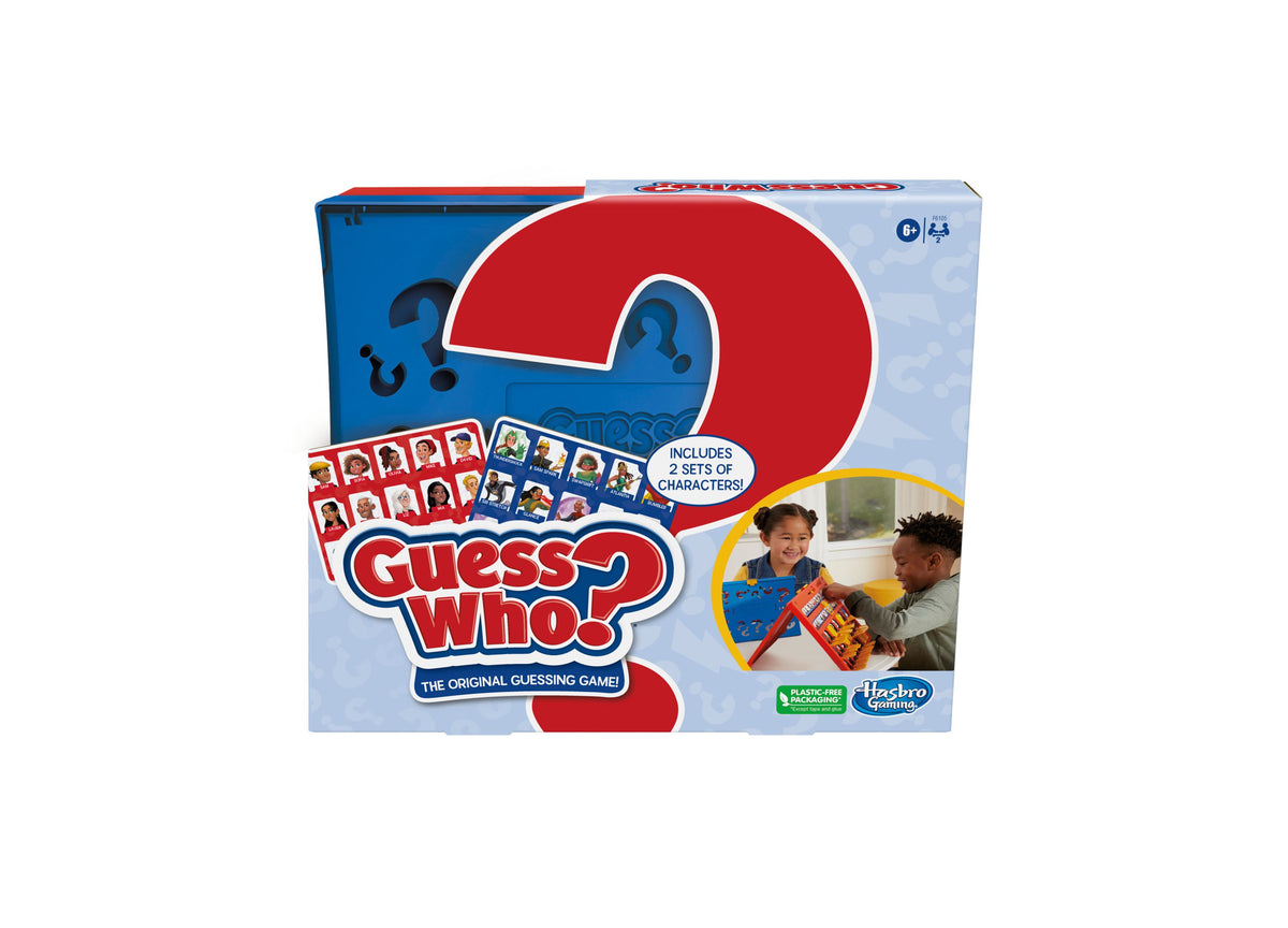 Hasbro Guess Who Classic Character Guessing Game box with red question mark, blue frame, and two children playing