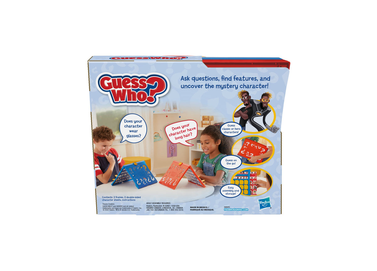 Hasbro Guess Who Classic Character Guessing Game box showing two children playing with blue and red game frames and c...