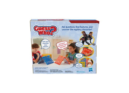 Hasbro Guess Who Classic Character Guessing Game box showing two children playing with blue and red game frames and c...