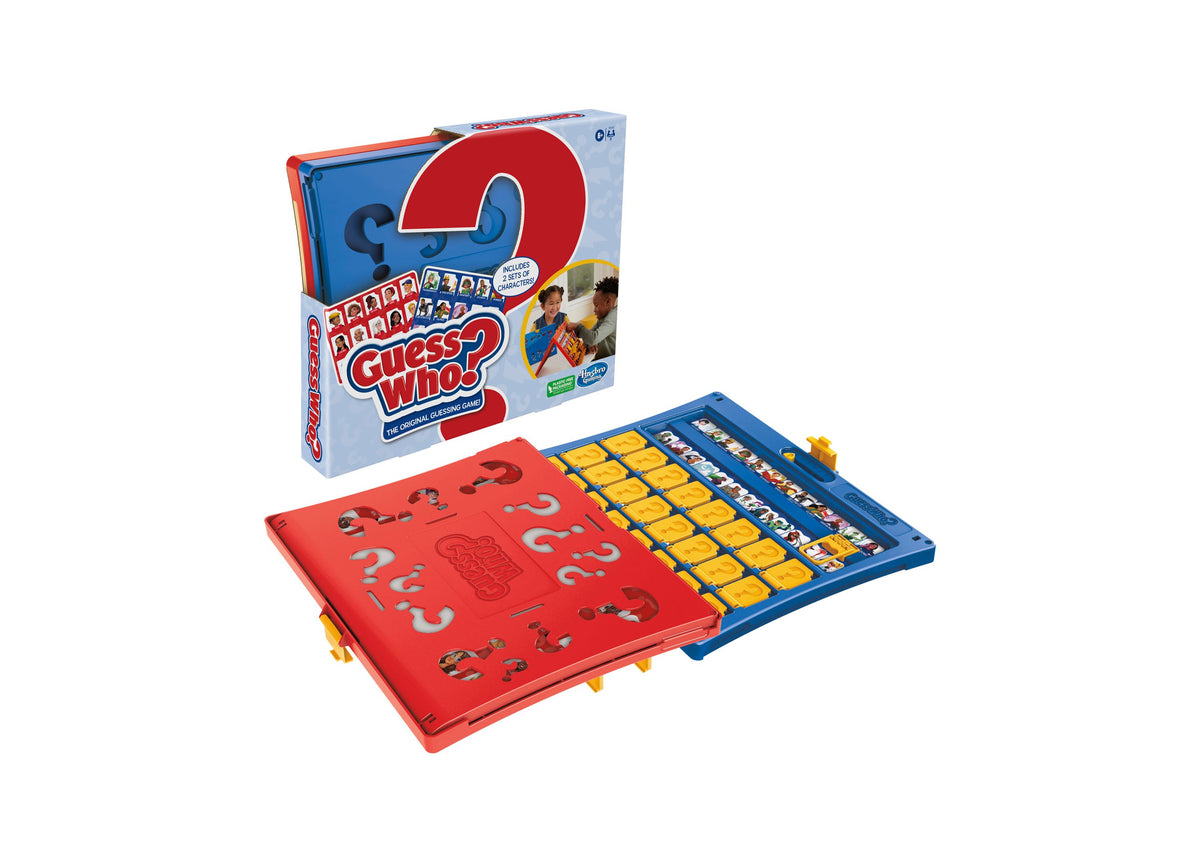 Hasbro Guess Who Classic Character Guessing Game with red and blue game boards, yellow character tiles, and packaging
