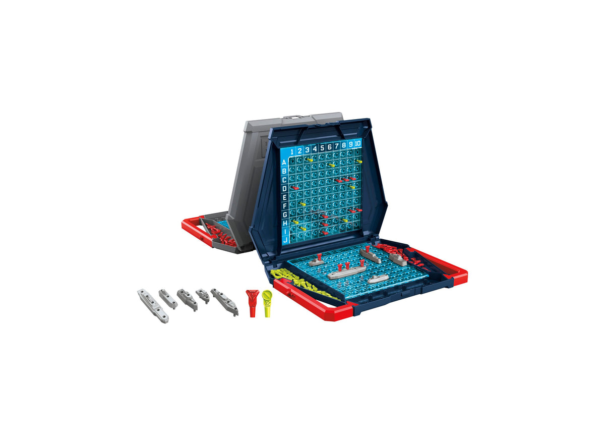 Hasbro Battleship Classic Naval Combat Strategy Board Game with blue and red battle cases, grid boards, and ship pieces