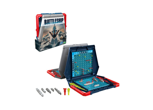 Hasbro Battleship Classic Naval Combat Board Game with red and blue cases, grid board, and ship pieces