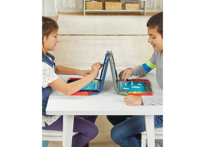 Hasbro Battleship Classic Naval Combat Strategy Board Game with two children playing, blue and red battle cases open