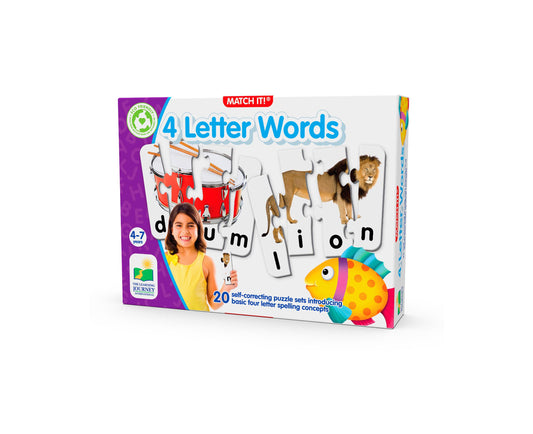Match It! 4 Letter Words puzzle game box showing self-correcting puzzle sets with images of a drum, lion, and fish, modeled by a child in yellow shirt