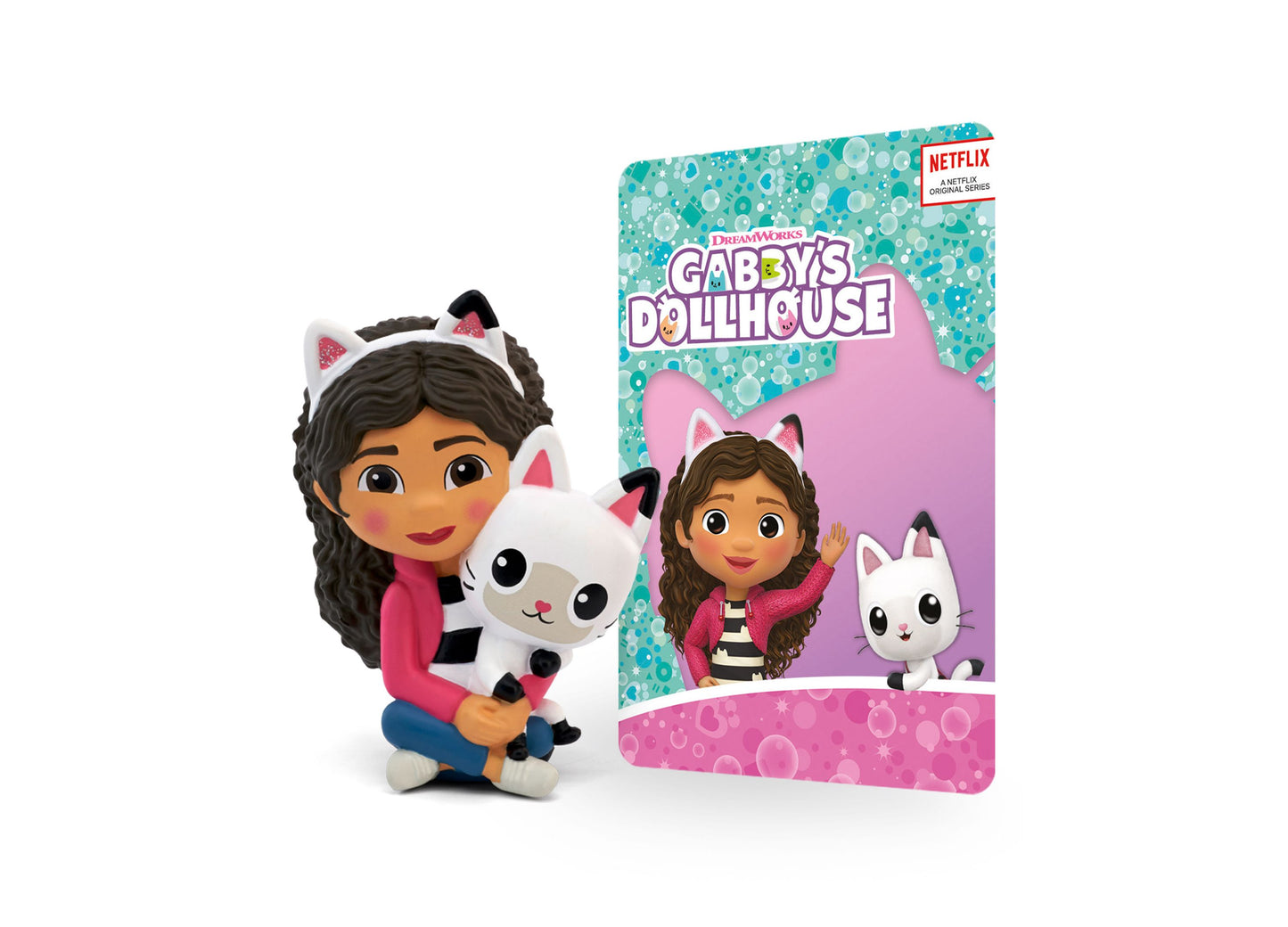 Tonies Gabby's Dollhouse Audio Play Figurine with packaging, featuring Gabby doll in pink jacket and white cat character