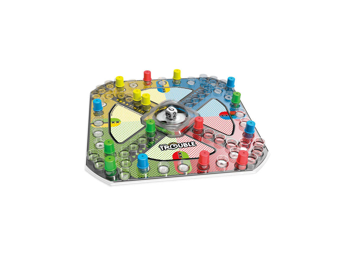 Hasbro Trouble Pop-O-Matic Board Game with colorful pegs, die roller, and four-player game board