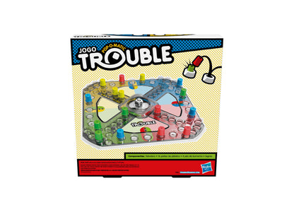 Hasbro Trouble Pop-O-Matic Board Game with colorful game board, Pop-O-Matic bubble roller, and colored pegs