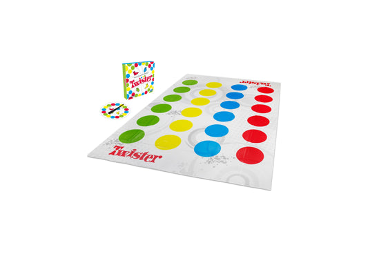 Twister Game Classic with colorful mat featuring green, yellow, blue, and red spots, spinner, and game box