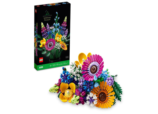 LEGO Icons Wildflower Bouquet set with colorful built flowers including pink gerberas, yellow pansies, purple lupines...