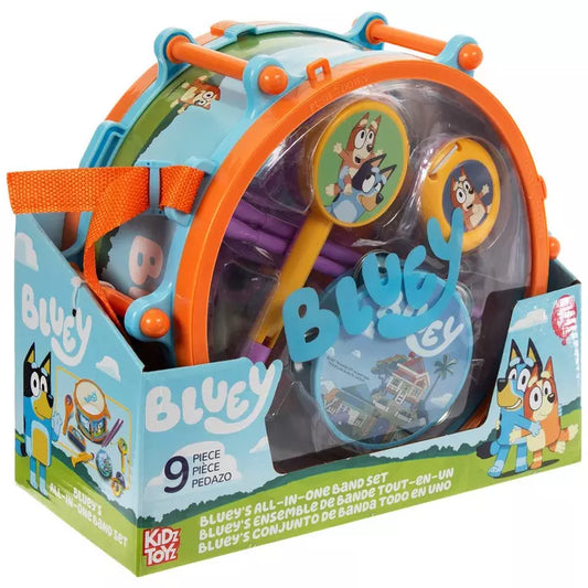Bluey 9-piece children's band set with orange and blue drum, two yellow and green maracas, and purple accordion in packaging