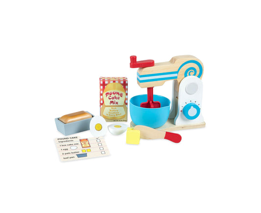 Melissa & Doug Wooden Make-a-Cake Mixer Set with blue mixer, cake mix box, bread loaf, mixing bowl, and accessories
