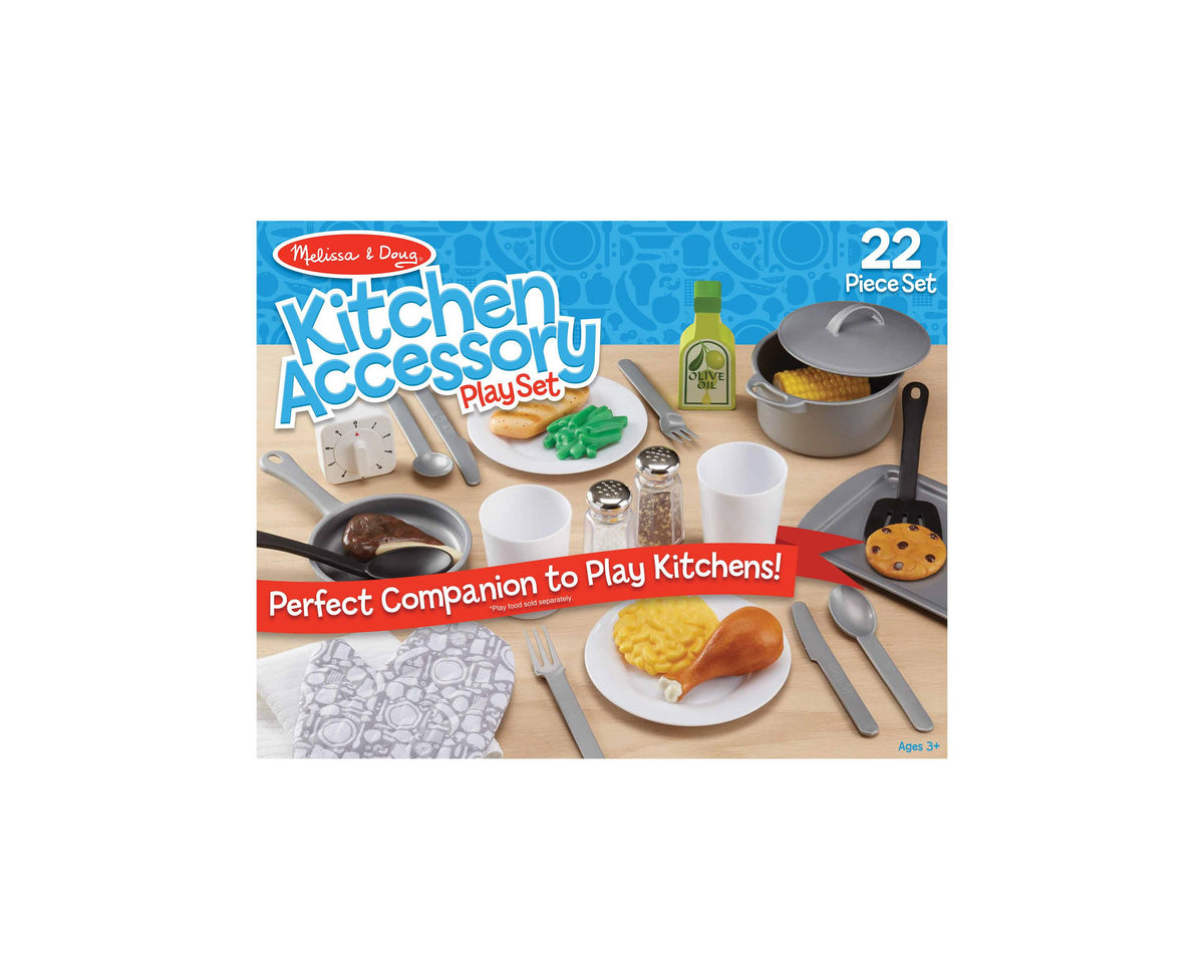 Melissa & Doug 22-Piece Kitchen Accessory PlaySet with cookware, dishes, and utensils displayed on wooden surface