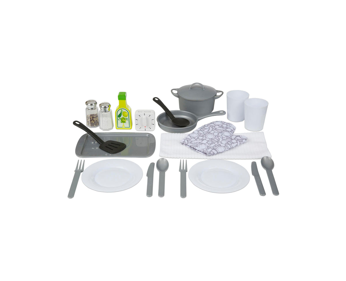 Melissa & Doug 22-Piece Play Kitchen Accessories Set with gray and white cookware, dishes, and tableware arranged for...
