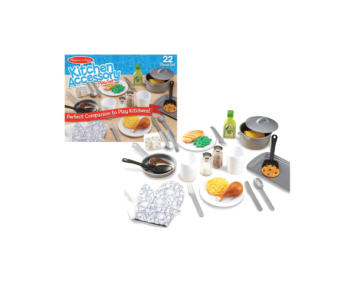 Melissa & Doug 22-Piece Play Kitchen Accessories Set with pot, pan, plates, and utensils