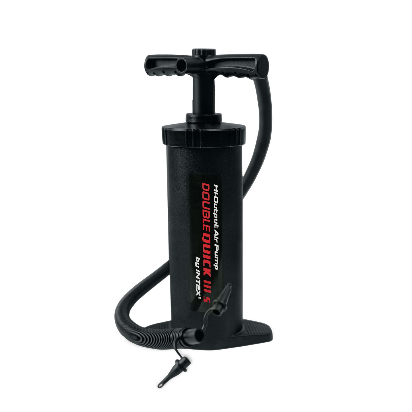 Intex Double Quick III S hand pump with three nozzles, black cylinder with T-shaped handle and attached hose