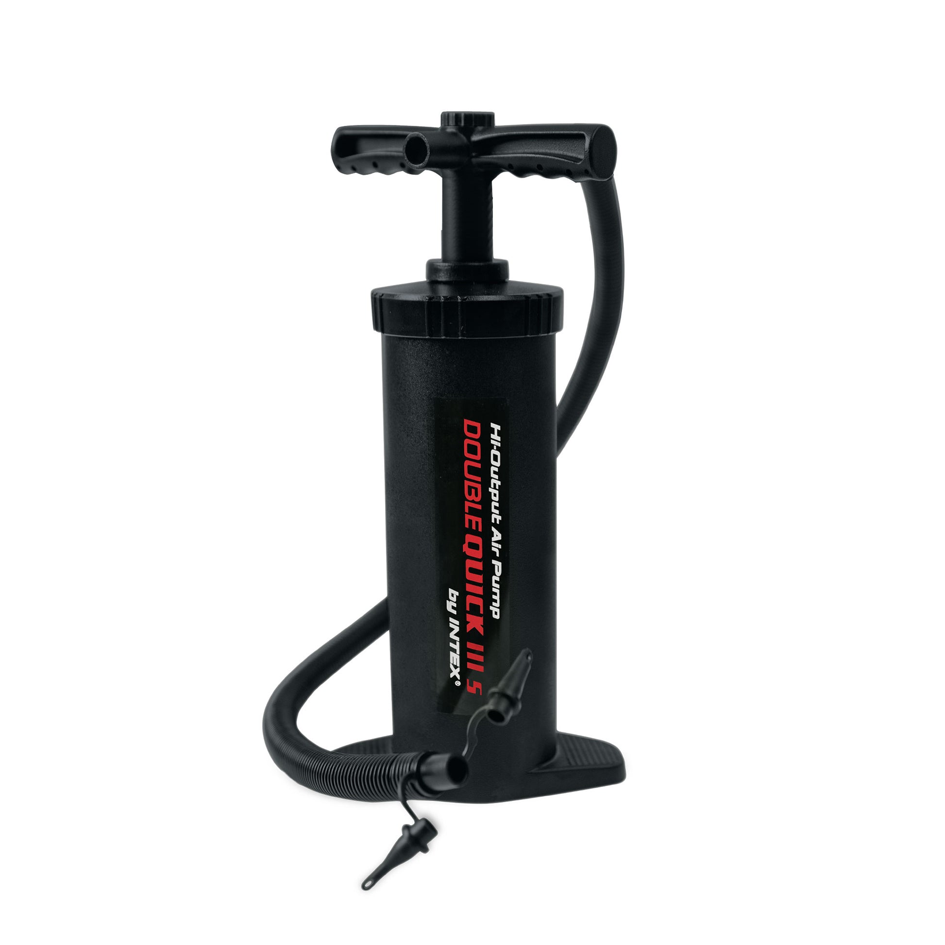 Intex Double Quick III S hand pump with three nozzles, black cylinder with T-shaped handle and attached hose