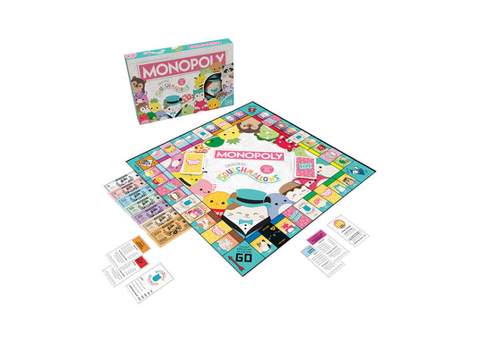 Monopoly Original Squishmallows Collector's Edition board game with colorful game board, property cards, play money in pastel colors, instruction cards, and Squ
