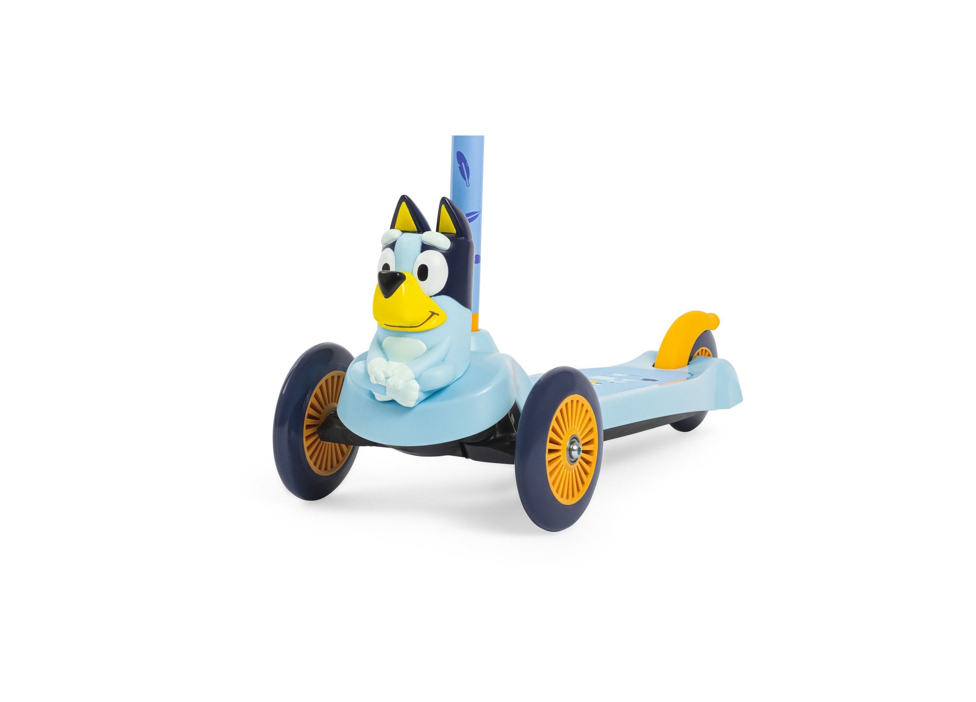 Sakar Bluey 3D 3-wheel scooter with blue body, yellow wheels, and character figure