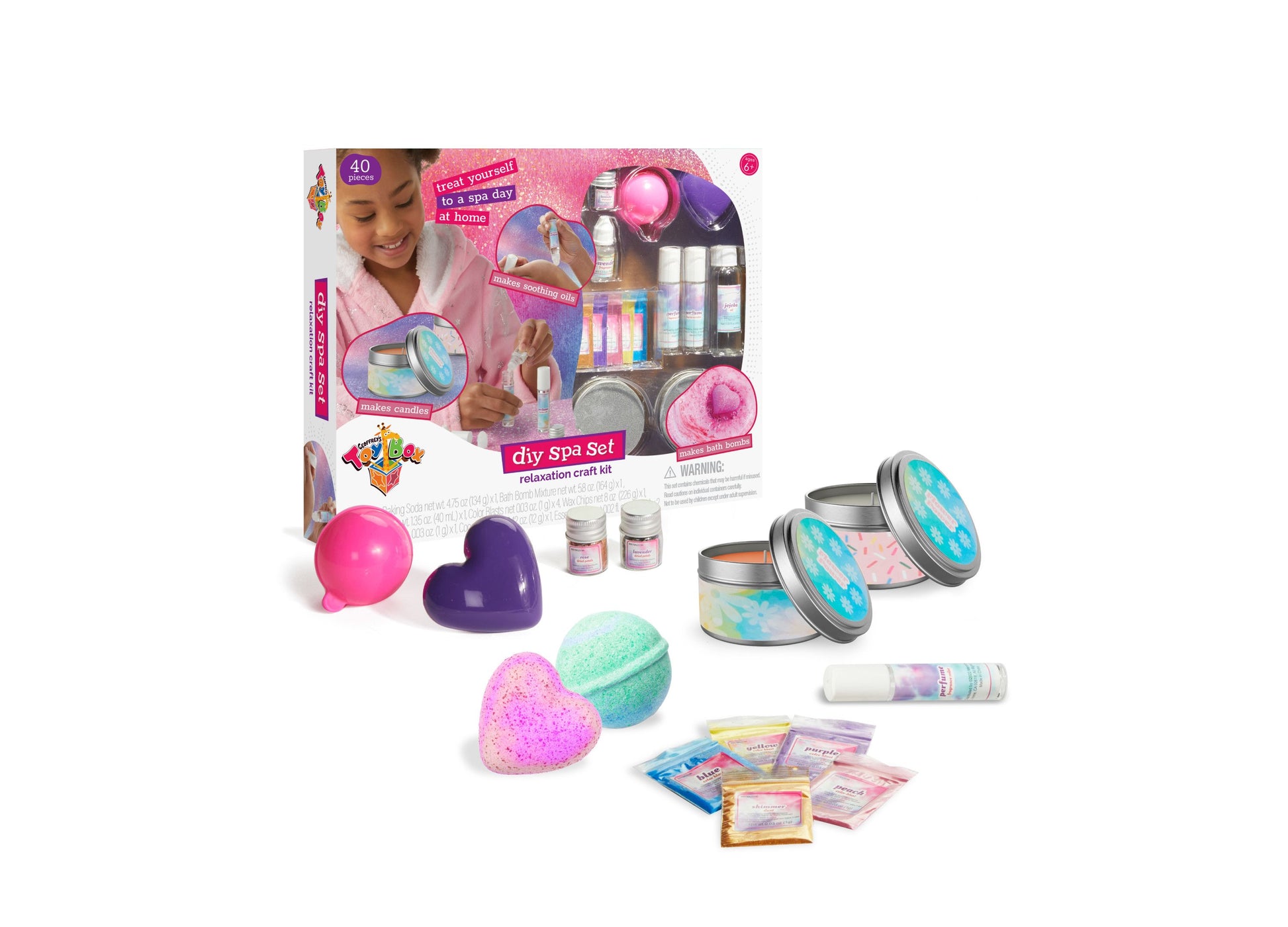 DIY Spa Set relaxation craft kit with bath bombs, bath salts in metal tins, bath products, and accessories modeled by a child