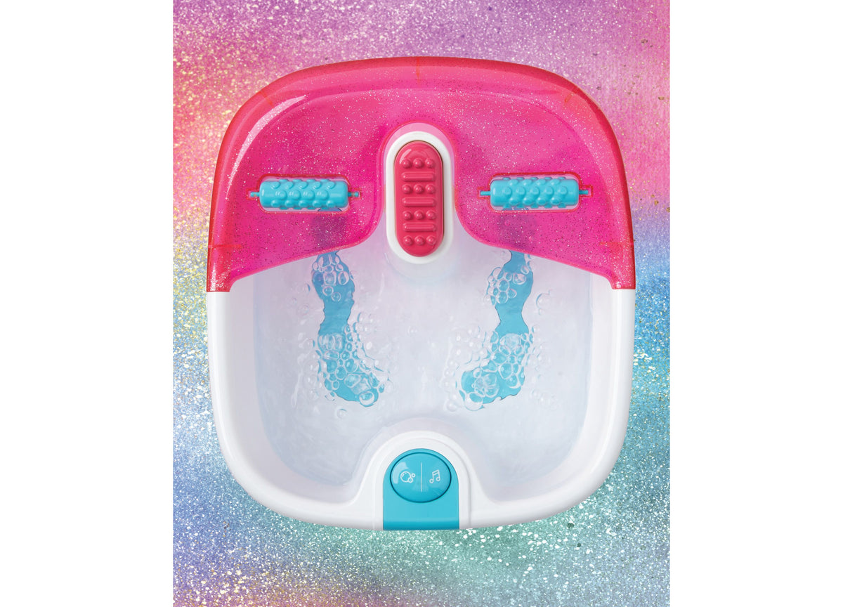 Geoffrey's Toy Box Bubble Spa Foot Bath in pink glitter with turquoise accents, featuring textured massage rollers an...