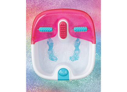 Geoffrey's Toy Box Bubble Spa Foot Bath in pink glitter with turquoise accents, featuring textured massage rollers an...