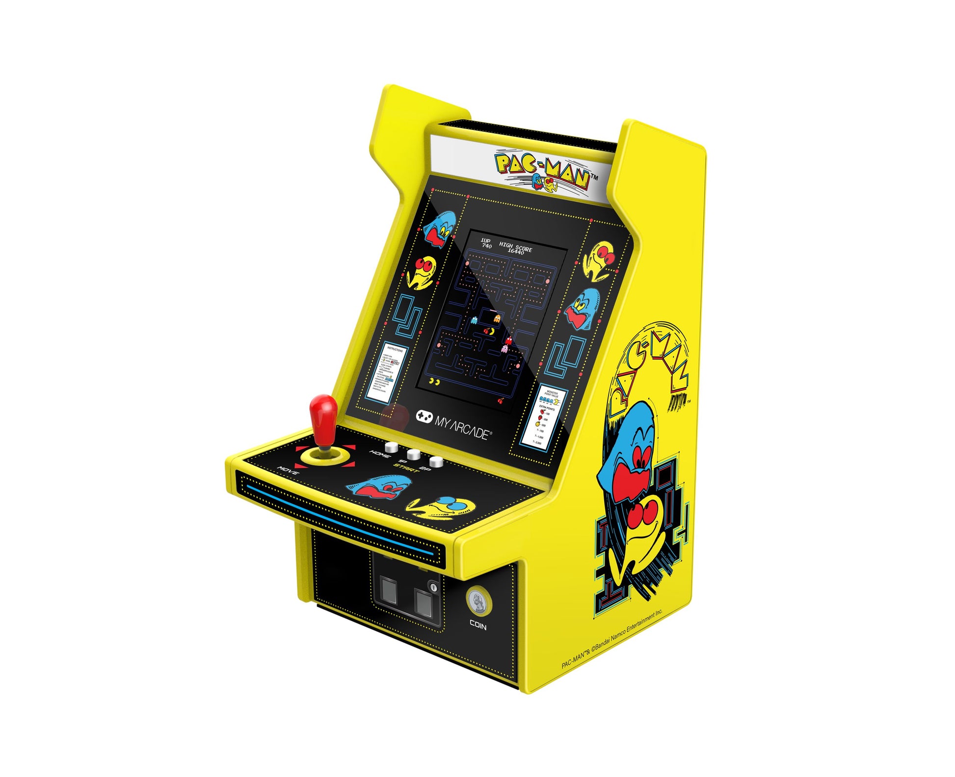 My Arcade Micro Player Pro Pac-Man portable retro arcade game with yellow cabinet and red joystick