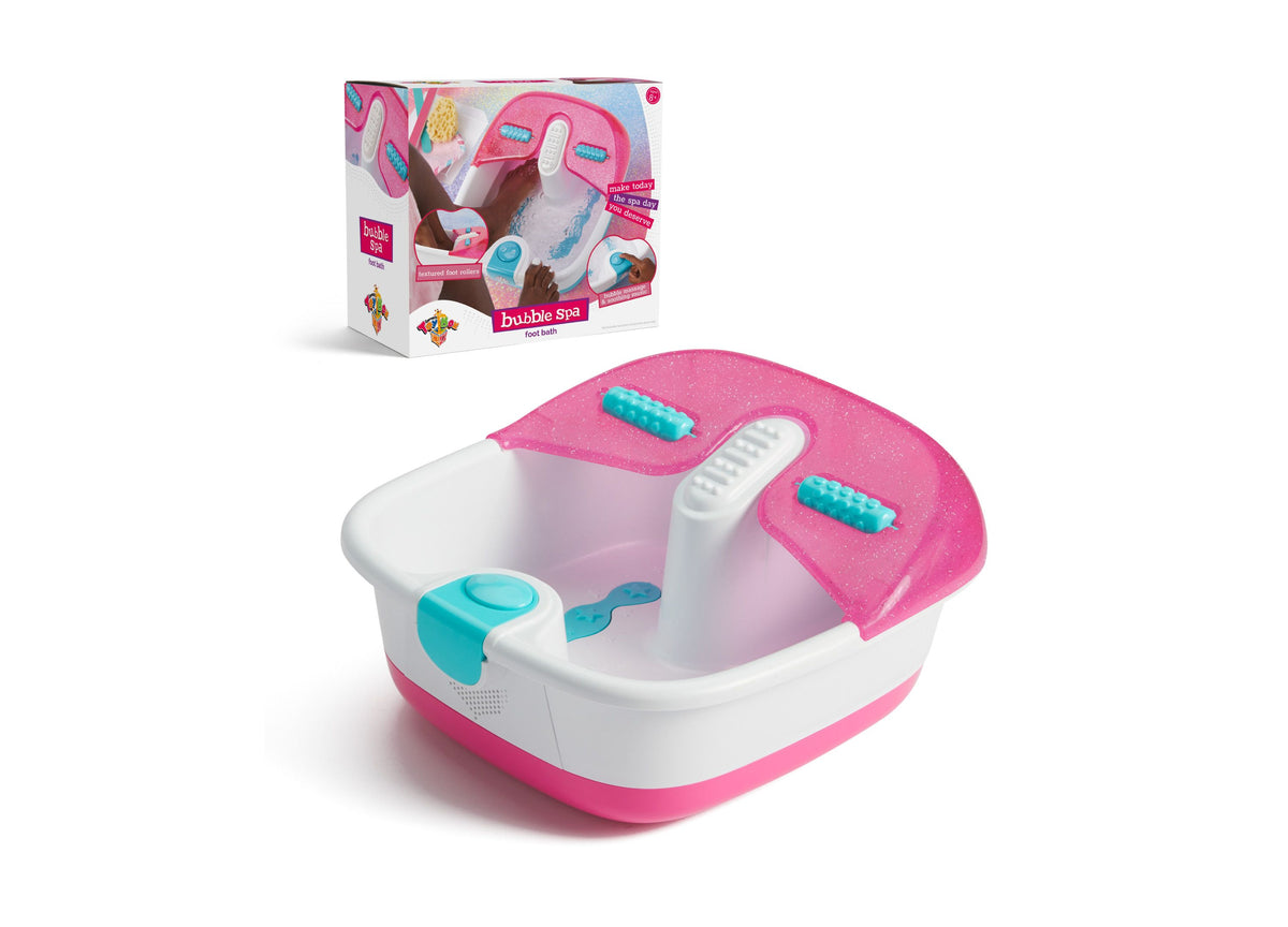 Geoffrey's Toy Box Bubble Spa Foot Bath in pink glitter with white basin, turquoise controls, and removable splash guard