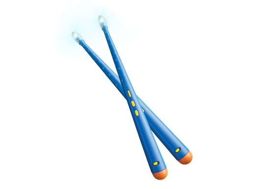 Geoffrey's Toy Box Blue Digital Drumsticks with light-up tips and yellow accent dots, pair shown at angle