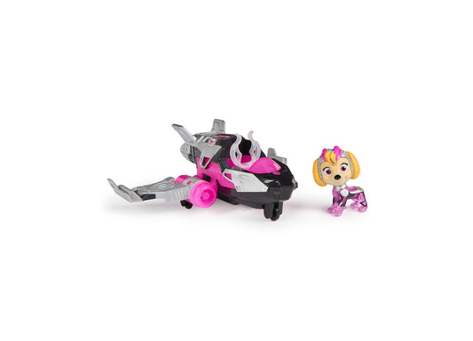 Pink and black transforming jet with articulated wings next to small pup action figure with yellow and pink coloring on white background