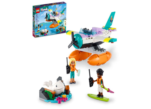 LEGO Friends Sea Rescue Plane building set with seaplane, two mini-dolls, dolphin figure, and accessories on display