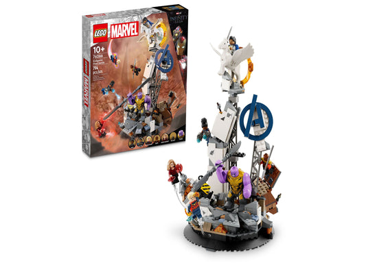LEGO Marvel Endgame Final Battle set with 794 pieces, featuring a multi-level structure with Avengers minifigures, white and gray tower with blue Avengers logo,