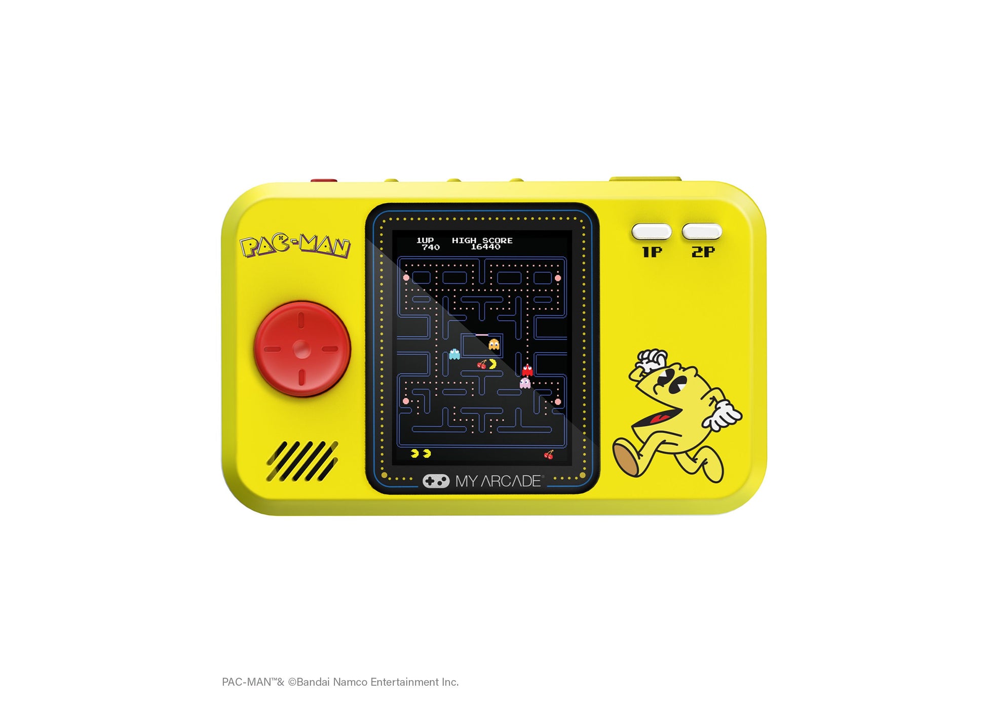 My Arcade PAC-MAN Pocket Player Pro yellow handheld game with red joystick